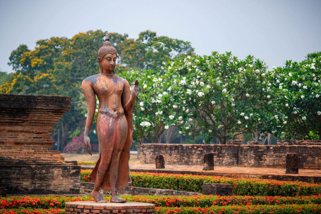Statue d'un bouddha dans un paysage de magnolias en fleurs en Thailande